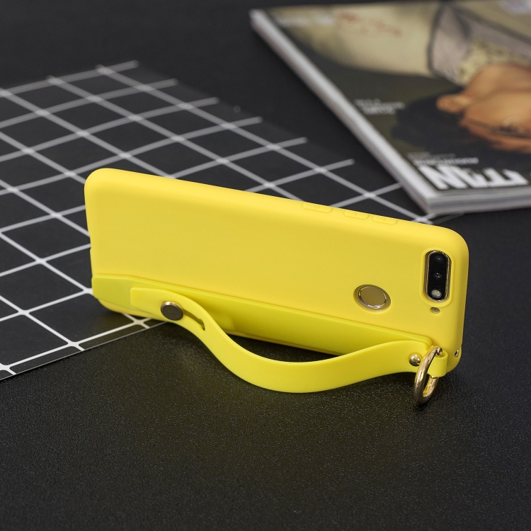 

Shockproof Solid Color TPU Case with Wristband For Huawei Y9 (2018)(Yellow)