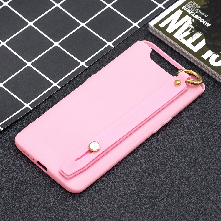 

Shockproof Solid Color TPU Case with Wristband For Galaxy A80(Dark Pink)
