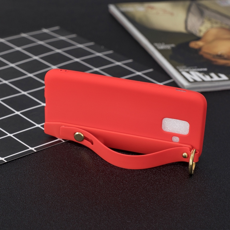 

Shockproof Solid Color TPU Case with Wristband For Galaxy A8+(Red)