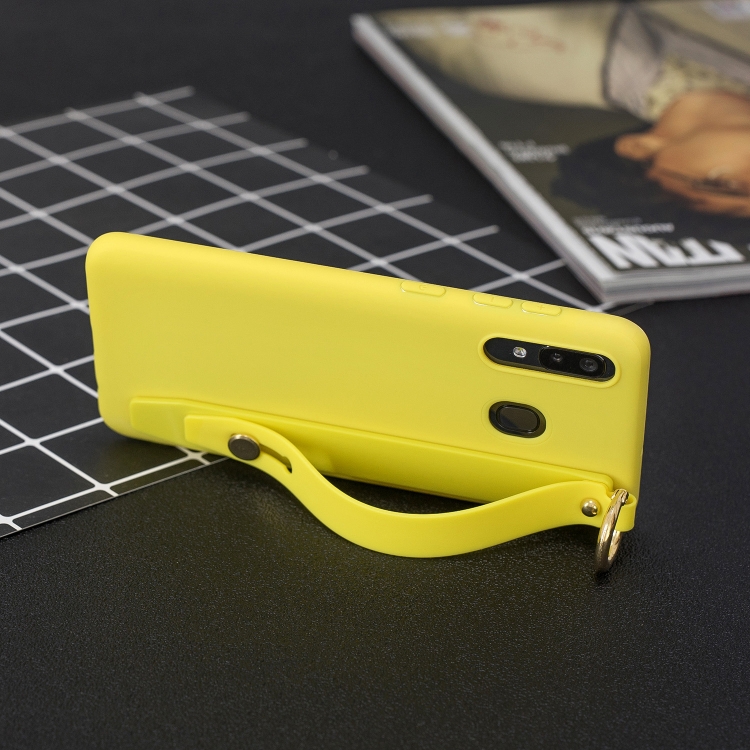 

Shockproof Solid Color TPU Case with Wristband For Galaxy A30(Yellow)