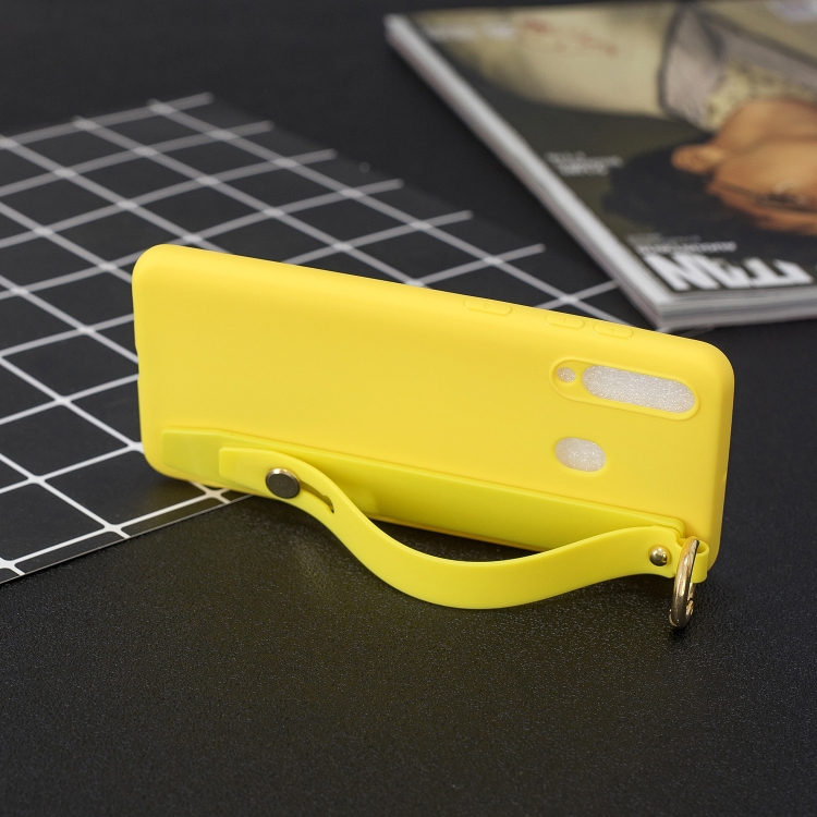 

Shockproof Solid Color TPU Case with Wristband For Galaxy A60(Yellow)