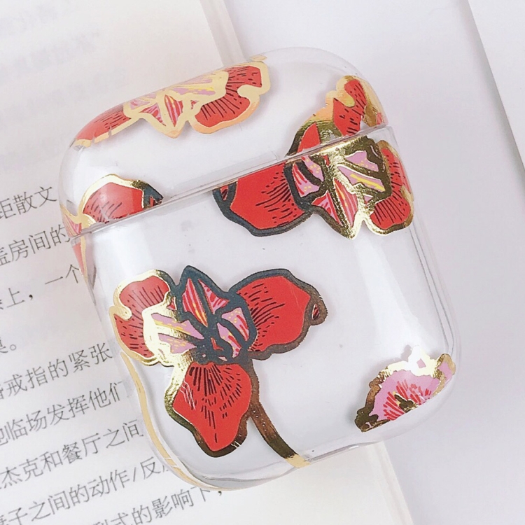 

PC Water Decal Gilding Earphone Protective Case for Airpods, Pattern:Red Flower