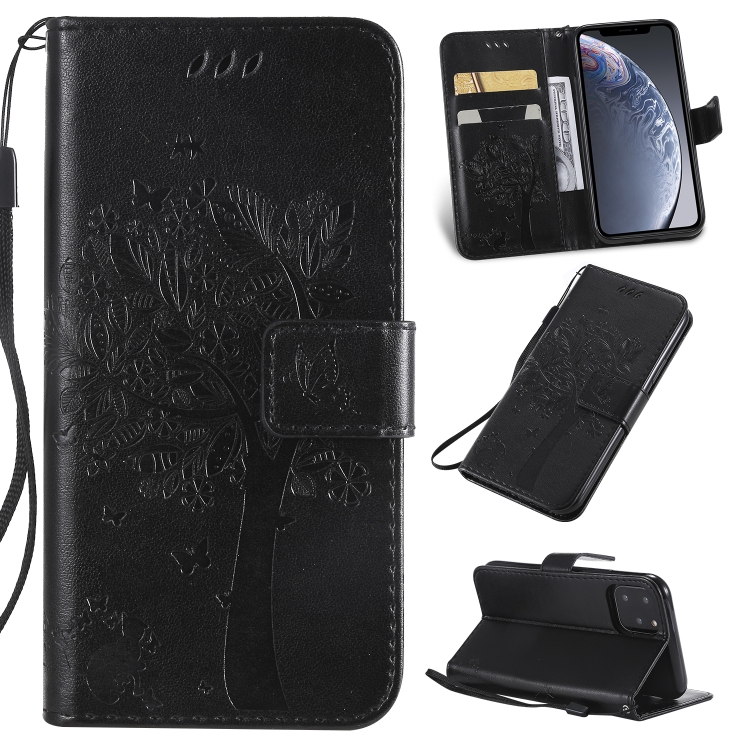 

Tree & Cat Pattern Pressed Printing Horizontal Flip PU Leather Case with Holder & Card Slots & Wallet & Lanyard For iPhone 11 Pro(Black)