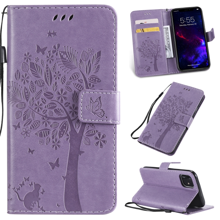 

Tree & Cat Pattern Pressed Printing Horizontal Flip PU Leather Case with Holder & Card Slots & Wallet & Lanyard For iPhone 11(Light Purple)