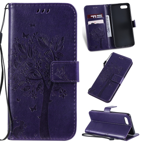 

Tree & Cat Pattern Pressed Printing Horizontal Flip PU Leather Case with Holder & Card Slots & Wallet & Lanyard For OPPO A1K / C2(Purple)