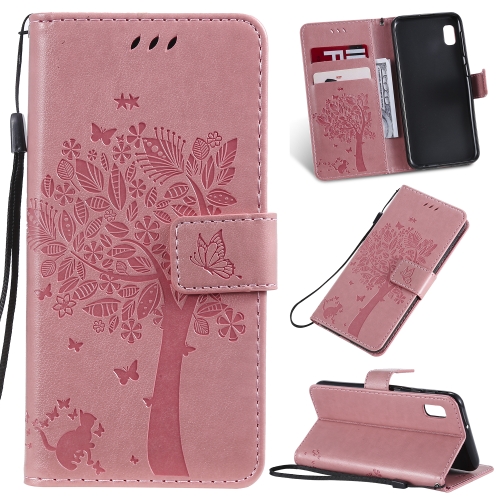 

Tree & Cat Pattern Pressed Printing Horizontal Flip PU Leather Case with Holder & Card Slots & Wallet & Lanyard For Galaxy A10e(Pink)