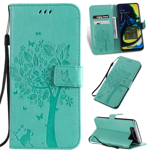 

Tree & Cat Pattern Pressed Printing Horizontal Flip PU Leather Case with Holder & Card Slots & Wallet & Lanyard For Galaxy A80(Green)