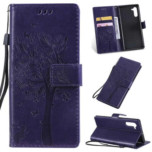 

Tree & Cat Pattern Pressed Printing Horizontal Flip PU Leather Case with Holder & Card Slots & Wallet & Lanyard For Galaxy Note10(Purple)