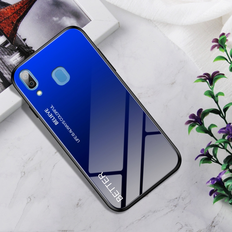 

Shockproof Tempered Glass + TPU Case For Galaxy A20(Black Blue)