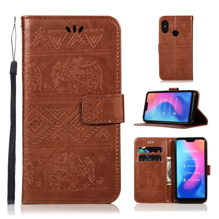 

Elephant Embossing Horizontal Flip Leather Case with Holder & Card Slots & Wallet & Lanyard for Xiaomi Redmi Note 6 Pro(Brown)