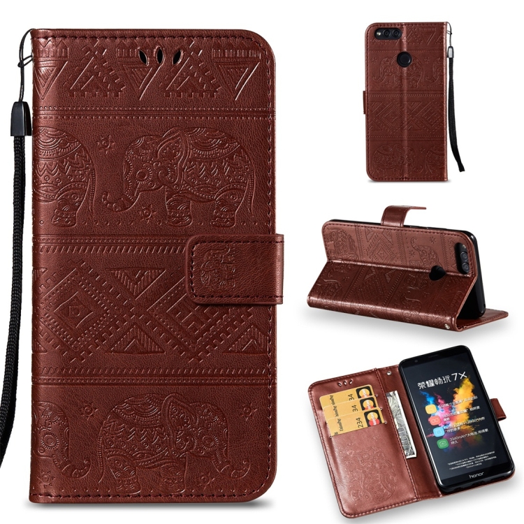 

Elephant Embossing Horizontal Flip Leather Case with Holder & Card Slots & Wallet & Lanyard for Huawei Honor 7X(Brown)