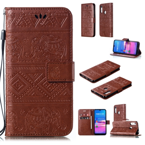 

Elephant Embossing Horizontal Flip Leather Case with Holder & Card Slots & Wallet & Lanyard for Huawei Honor 8A / Y6 (2019)(Brown)