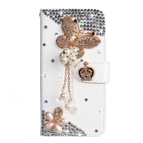 

Rhinestone Pattern Horizontal Flip Leather Case with Holder & Card Slots & Wallet & Lanyard For Galaxy A10 & M10(Pearl Butterfly)