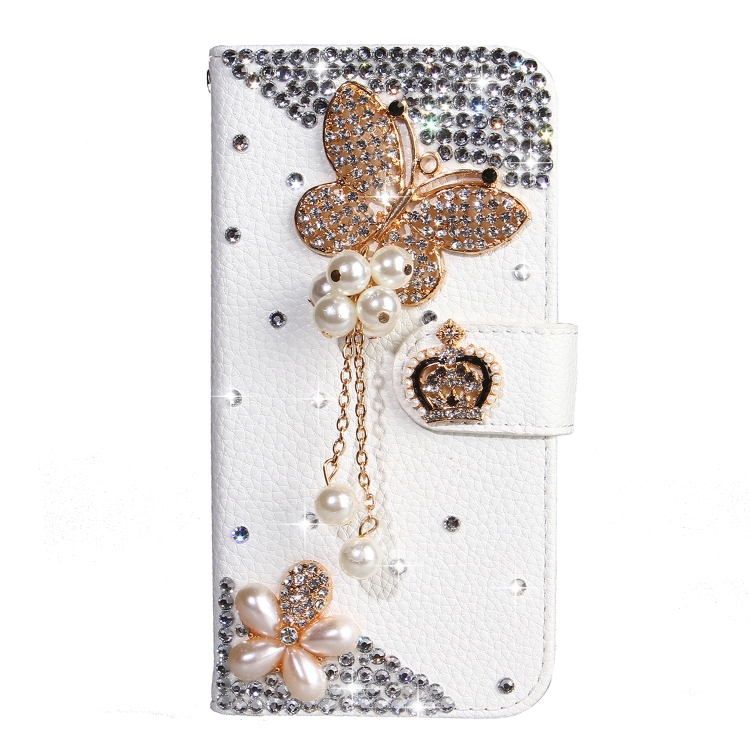 

Rhinestone Pattern Horizontal Flip Leather Case with Holder & Card Slots & Wallet & Lanyard For Galaxy J6 (2018)(Pearl Butterfly)