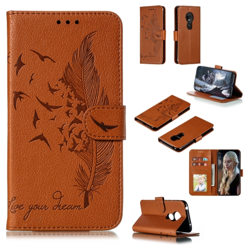 

Feather Pattern Litchi Texture Horizontal Flip Leather Case with Wallet & Holder & Card Slots For Motorola Moto G7 Play(Brown)