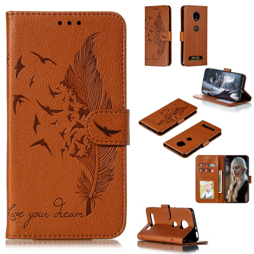 

Feather Pattern Litchi Texture Horizontal Flip Leather Case with Wallet & Holder & Card Slots For Motorola Moto Z4 Play(Brown)