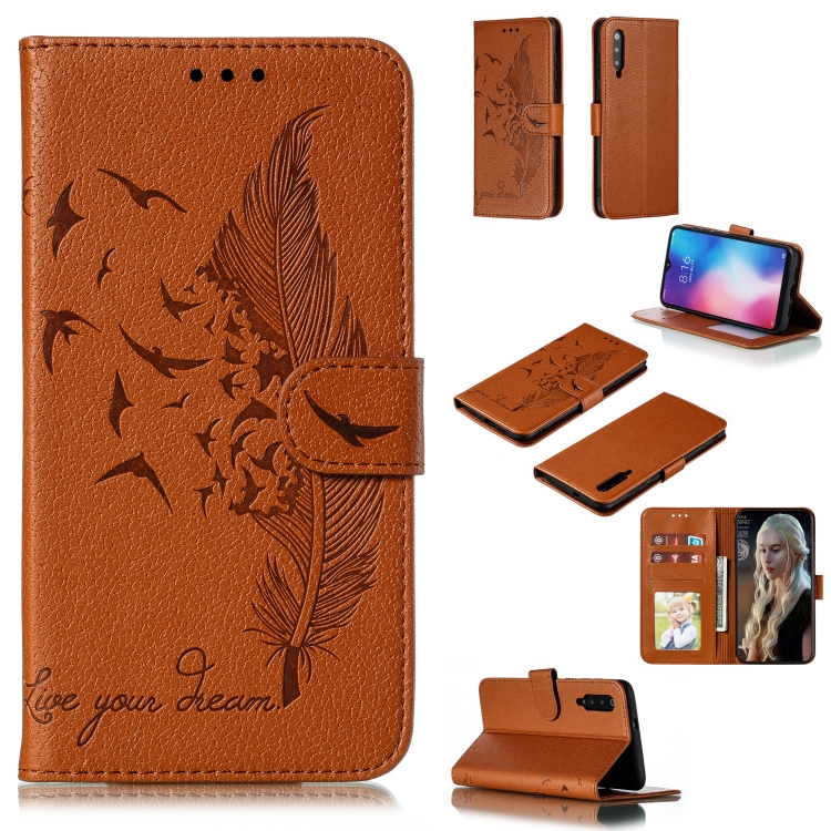 

Feather Pattern Litchi Texture Horizontal Flip Leather Case with Wallet & Holder & Card Slots For Xiaomi Mi 9(Brown)