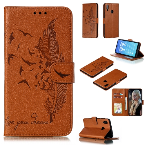 

Feather Pattern Litchi Texture Horizontal Flip Leather Case with Wallet & Holder & Card Slots For Huawei Y7 (2019)(Brown)