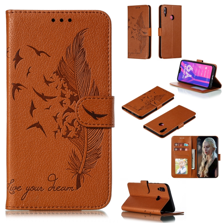 

Feather Pattern Litchi Texture Horizontal Flip Leather Case with Wallet & Holder & Card Slots For Huawei Y9 (2019)(Brown)