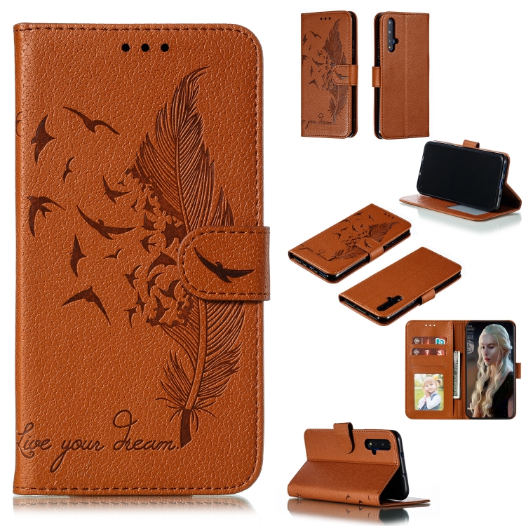 

Feather Pattern Litchi Texture Horizontal Flip Leather Case with Wallet & Holder & Card Slots For Huawei Honor 20(Brown)