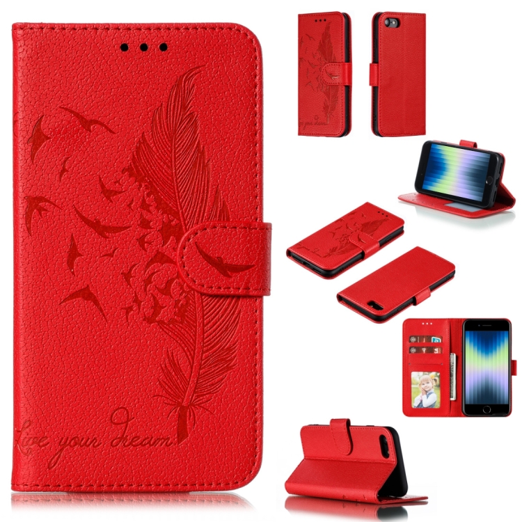

Feather Pattern Litchi Texture Horizontal Flip Leather Case with Wallet & Holder & Card Slots For iPhone SE 2020 / 8 / 7(Red)