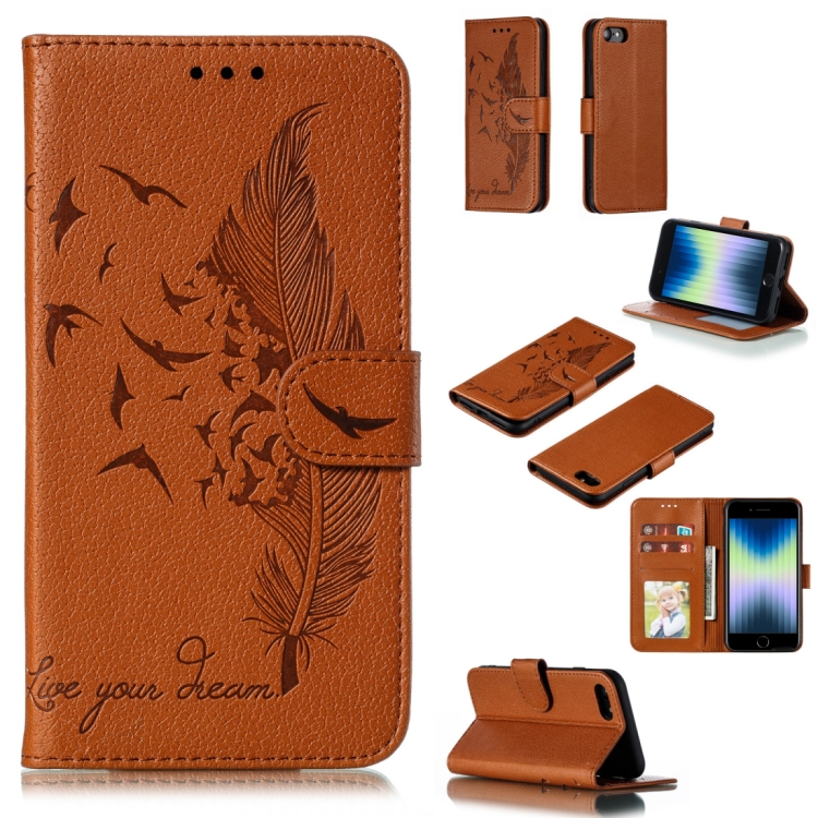 

Feather Pattern Litchi Texture Horizontal Flip Leather Case with Wallet & Holder & Card Slots For iPhone SE 2020 / 8 / 7(Brown)