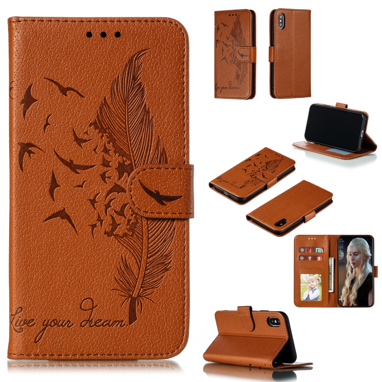 

Feather Pattern Litchi Texture Horizontal Flip Leather Case with Wallet & Holder & Card Slots For iPhone XS /X(Brown)