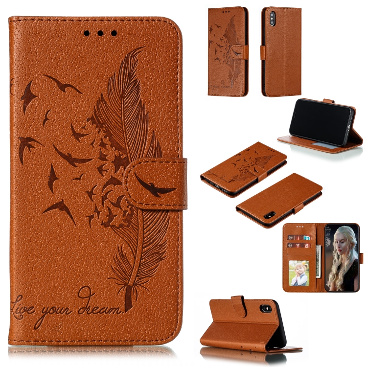 

Feather Pattern Litchi Texture Horizontal Flip Leather Case with Wallet & Holder & Card Slots For iPhone XS Max(Brown)