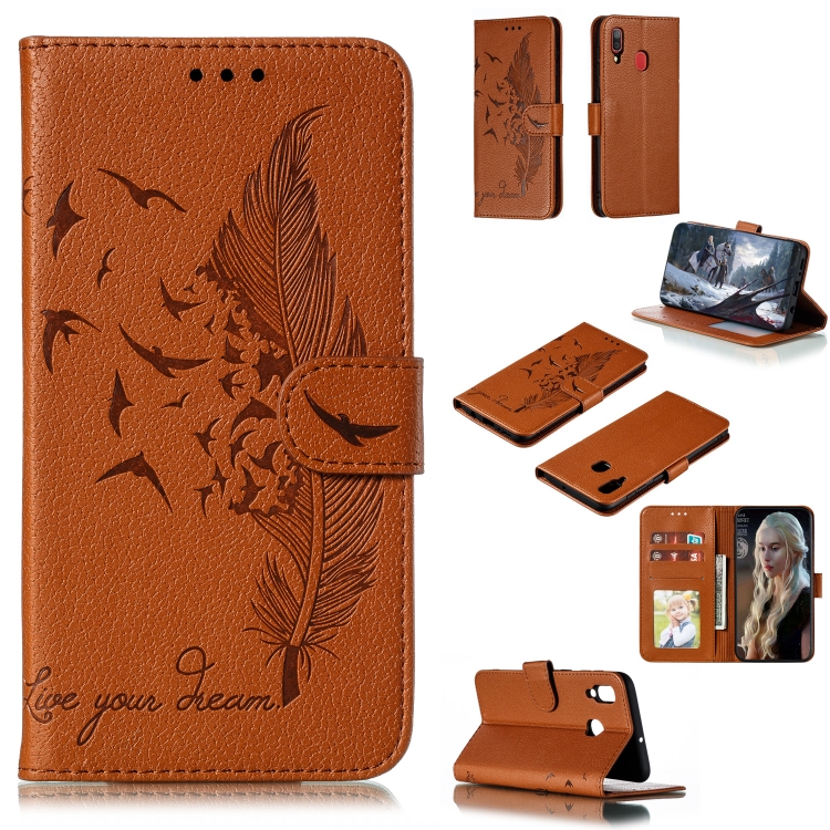 

Feather Pattern Litchi Texture Horizontal Flip Leather Case with Wallet & Holder & Card Slots For Galaxy A30 / A20(Brown)