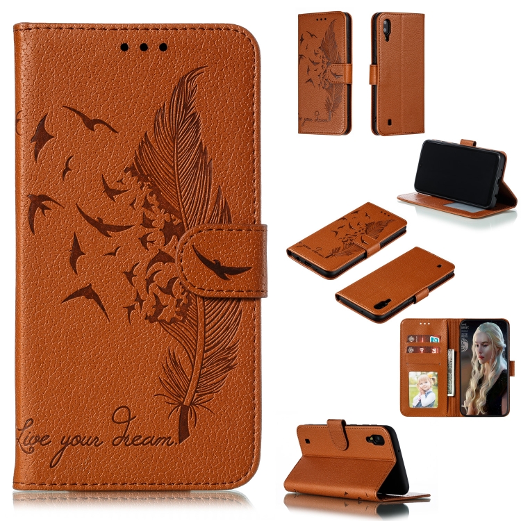 

Feather Pattern Litchi Texture Horizontal Flip Leather Case with Wallet & Holder & Card Slots For Galaxy M10(Brown)