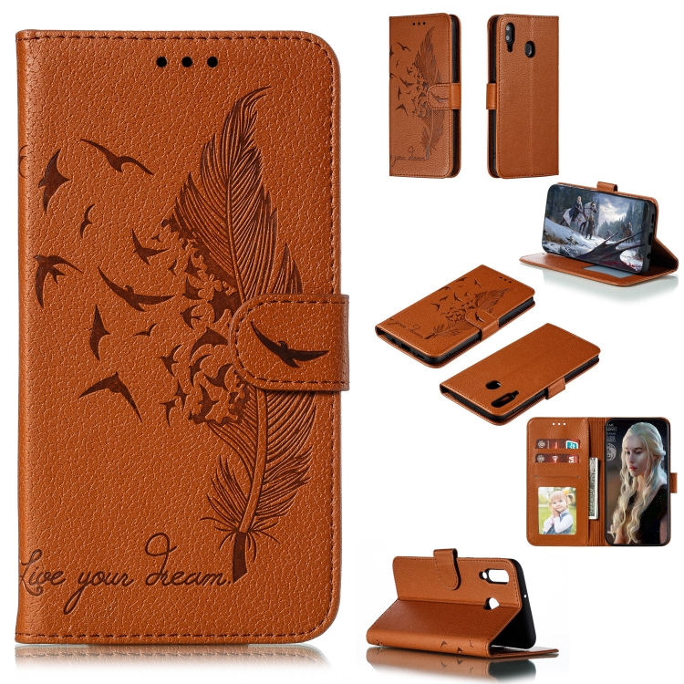 

Feather Pattern Litchi Texture Horizontal Flip Leather Case with Wallet & Holder & Card Slots For Galaxy M30(Brown)