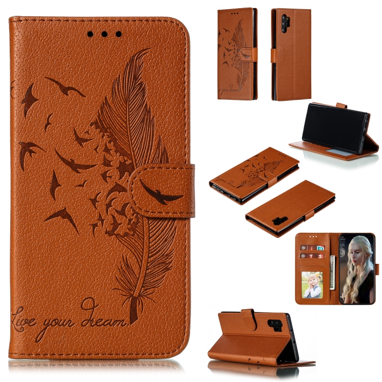 

Feather Pattern Litchi Texture Horizontal Flip Leather Case with Wallet & Holder & Card Slots For Galaxy Note 10 +(Brown)