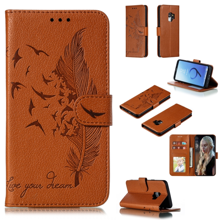 

Feather Pattern Litchi Texture Horizontal Flip Leather Case with Wallet & Holder & Card Slots For Galaxy S9(Brown)