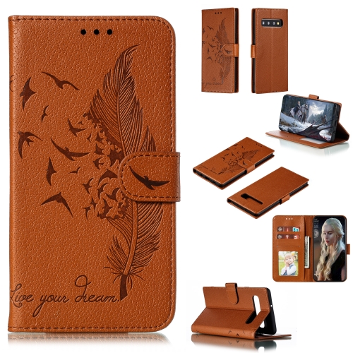 

Feather Pattern Litchi Texture Horizontal Flip Leather Case with Wallet & Holder & Card Slots For Galaxy S10 5G(Brown)