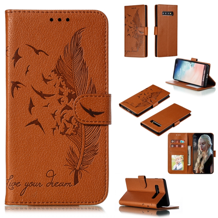 

Feather Pattern Litchi Texture Horizontal Flip Leather Case with Wallet & Holder & Card Slots For Galaxy S10+(Brown)