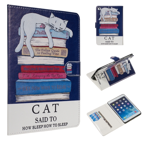 

For iPad mini 5 / 4 / 3 / 2 / 1 Colored Drawing Pattern Horizontal Flip PU Leather Case with Holder & Card Slots(Book and Cat)