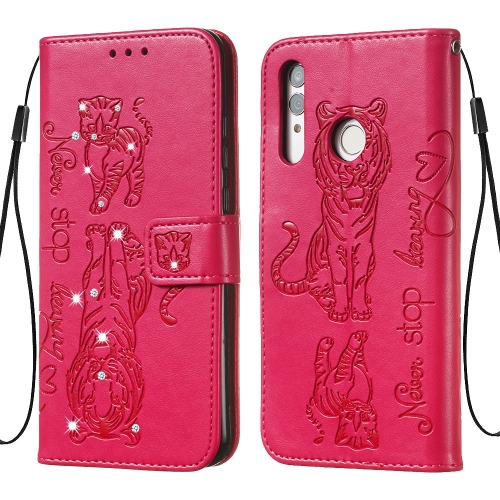 

For Huawei Honor 10i / Honor 10 Lite / P Smart (2019) / P Smart+ 2019 / Enjoy 9s Diamond Encrusted Pressed Printing Cat and Tiger Pattern Horizontal Flip PU Leather Case with Holder & Card Slots & Wallet(Rose Red)