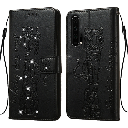 

For Huawei Honor 20 Pro Diamond Encrusted Pressed Printing Cat and Tiger Pattern Horizontal Flip PU Leather Case with Holder & Card Slots & Wallet(Black)