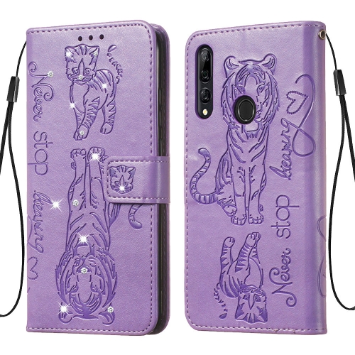 

For Huawei P Smart Z / Y9 Prime (2019) Diamond Encrusted Pressed Printing Cat and Tiger Pattern Horizontal Flip PU Leather Case with Holder & Card Slots & Wallet(Light Purple)