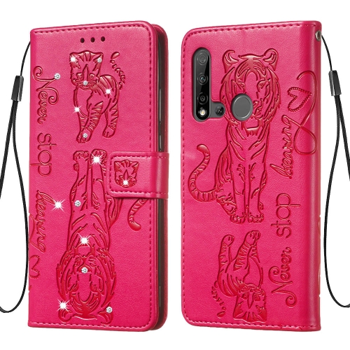 

For Huawei P20 Lite (2019) Nova 5i Diamond Encrusted Pressed Printing Cat and Tiger Pattern Horizontal Flip PU Leather Case with Holder & Card Slots & Wallet(Rose Red)