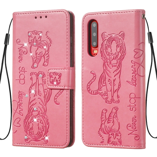 

For Huawei P30 Diamond Encrusted Pressed Printing Cat and Tiger Pattern Horizontal Flip PU Leather Case with Holder & Card Slots & Wallet(Pink)