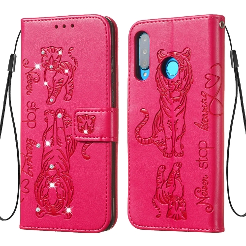 

For Huawei P30 Lite Diamond Encrusted Pressed Printing Cat and Tiger Pattern Horizontal Flip PU Leather Case with Holder & Card Slots & Wallet(Rose Red)