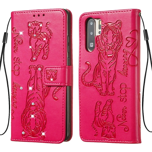 

For Huawei P30 Pro Diamond Encrusted Pressed Printing Cat and Tiger Pattern Horizontal Flip PU Leather Case with Holder & Card Slots & Wallet(Rose Red)