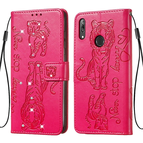 

For Huawei Y7 (2019) / Y7 Prime (2019) Diamond Encrusted Pressed Printing Cat and Tiger Pattern Horizontal Flip PU Leather Case with Holder & Card Slots & Wallet(Rose Red)