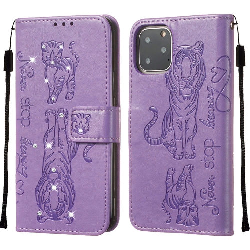 

For iPhone 11 Pro Diamond Encrusted Pressed Printing Cat and Tiger Pattern Horizontal Flip PU Leather Case with Holder & Card Slots & Wallet(Light Purple)