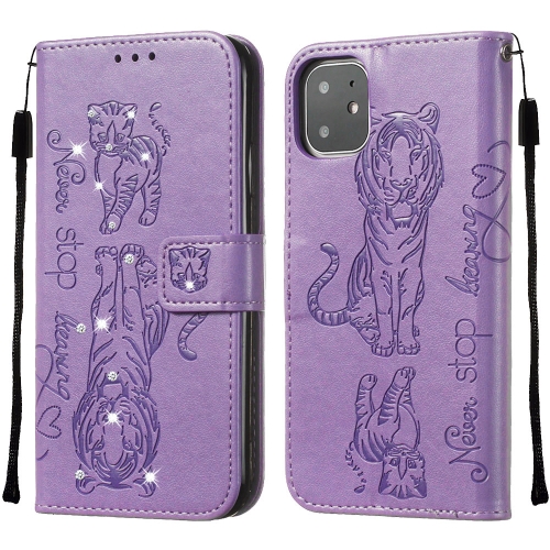 

For iPhone 11 Diamond Encrusted Pressed Printing Cat and Tiger Pattern Horizontal Flip PU Leather Case with Holder & Card Slots & Wallet(Light Purple)