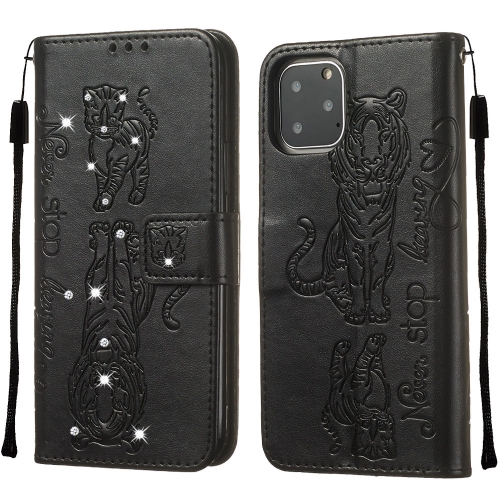 

For iPhone 11 Pro Max Diamond Encrusted Pressed Printing Cat and Tiger Pattern Horizontal Flip PU Leather Case with Holder & Card Slots & Wallet(Black)