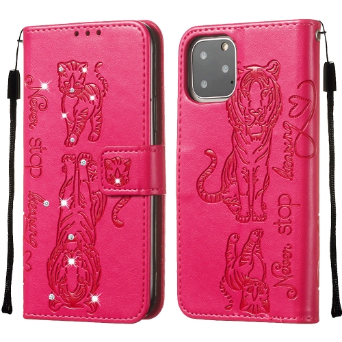 

For iPhone 11 Pro Max Diamond Encrusted Pressed Printing Cat and Tiger Pattern Horizontal Flip PU Leather Case with Holder & Card Slots & Wallet(Rose Red)