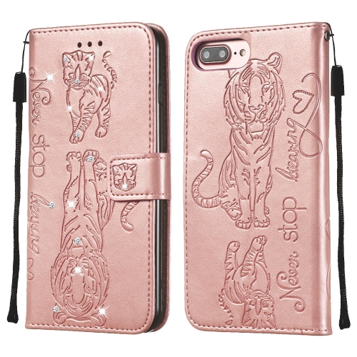 

For iPhone 6s Plus & 6 Plus / 7 Plus & 8 Plus Diamond Encrusted Pressed Printing Cat and Tiger Pattern Horizontal Flip PU Leather Case with Holder & Card Slots & Wallet(Rose Gold)