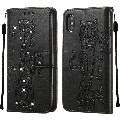 

For iPhone X / XS Diamond Encrusted Pressed Printing Cat and Tiger Pattern Horizontal Flip PU Leather Case with Holder & Card Slots & Wallet(Black)